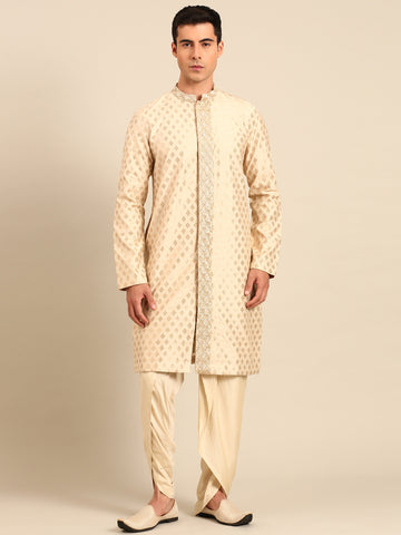 Beige Gold Silk Banares Kurta Set - MMK0632