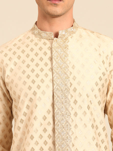 Beige Gold Silk Banares Kurta Set - MMK0632