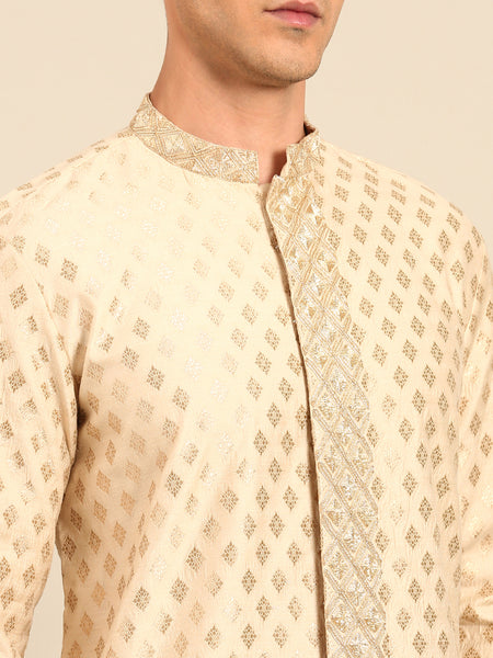 Beige Gold Silk Banares Kurta Set - MMK0632