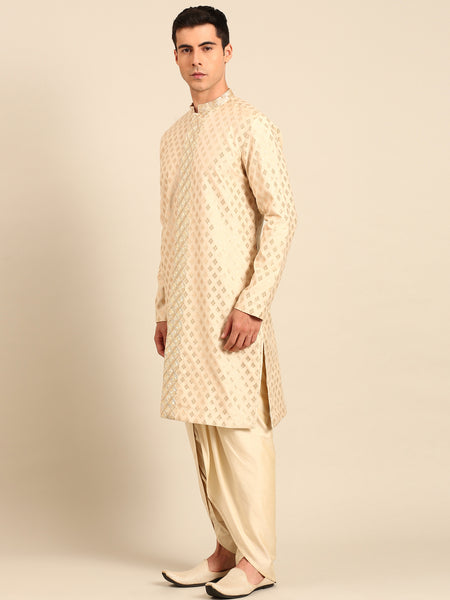 Beige Gold Silk Banares Kurta Set - MMK0632