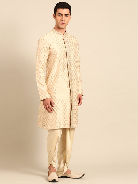 Beige Gold Silk Banares Kurta Set - MMK0632