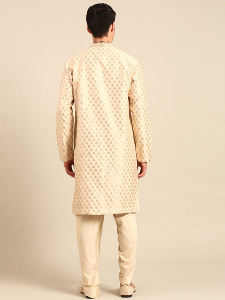 Beige Gold Silk Banares Kurta Set - MMK0632