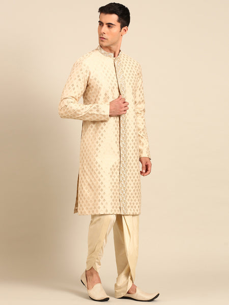 Beige Gold Silk Banares Kurta Set - MMK0632