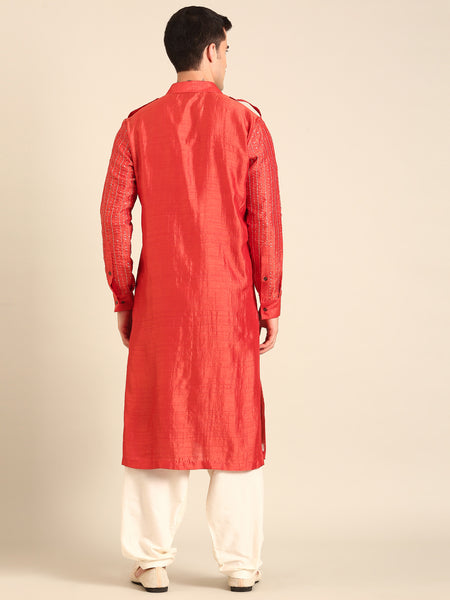 Rust Orange Bemberg Silk Kurta Set - MMK0633
