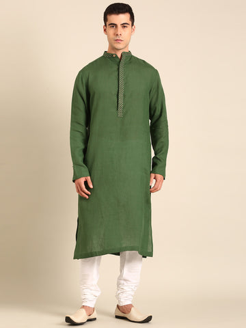 Green 100 % Linen Kurta Set - MMK0634