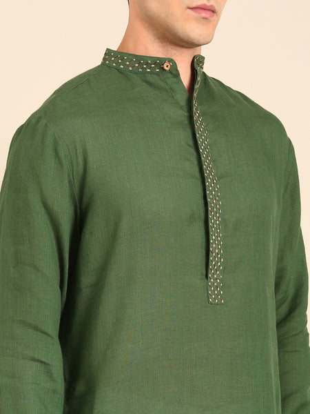 Green 100 % Linen Kurta Set - MMK0634