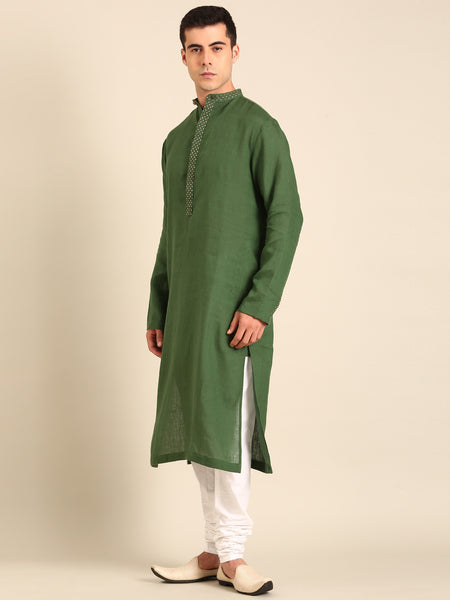 Green 100 % Linen Kurta Set - MMK0634