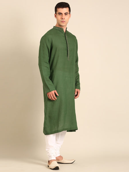 Green 100 % Linen Kurta Set - MMK0634