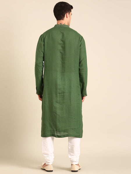 Green 100 % Linen Kurta Set - MMK0634