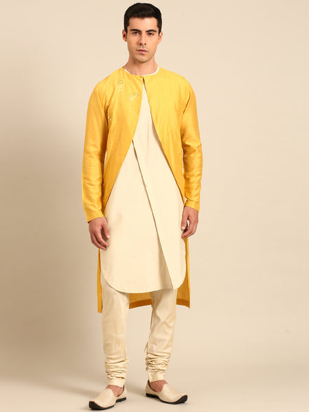 Yellow & Beige Silk Cotton Kurta Set - MMK0639