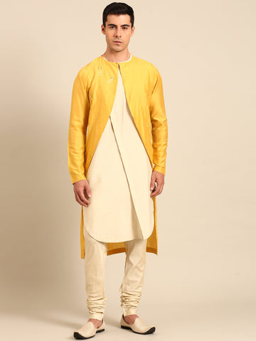 Yellow & Beige Silk Cotton Kurta Set - MMK0639
