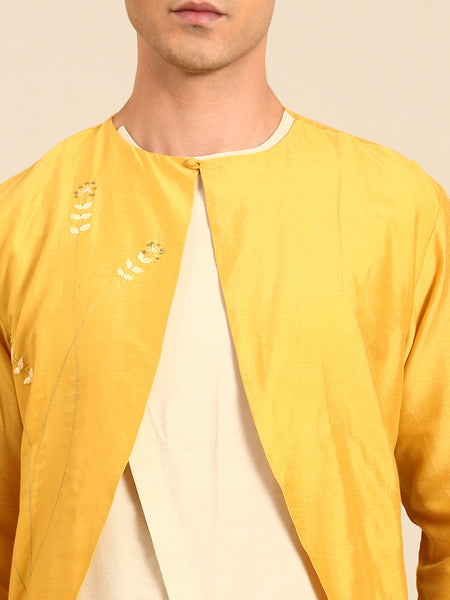 Yellow & Beige Silk Cotton Kurta Set - MMK0639