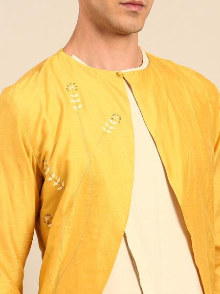 Yellow & Beige Silk Cotton Kurta Set - MMK0639