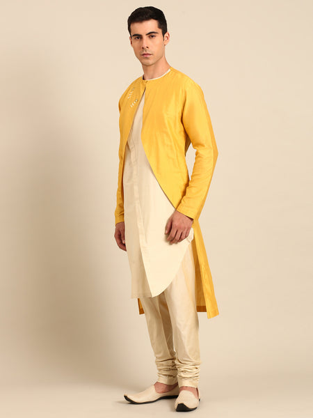 Yellow & Beige Silk Cotton Kurta Set - MMK0639