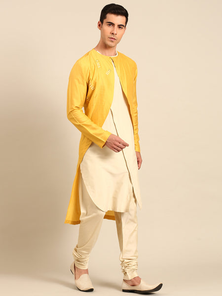 Yellow & Beige Silk Cotton Kurta Set - MMK0639