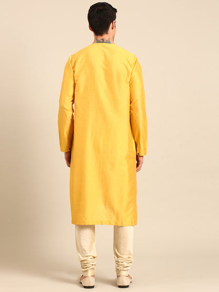 Yellow & Beige Silk Cotton Kurta Set - MMK0639