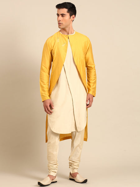 Yellow & Beige Silk Cotton Kurta Set - MMK0639