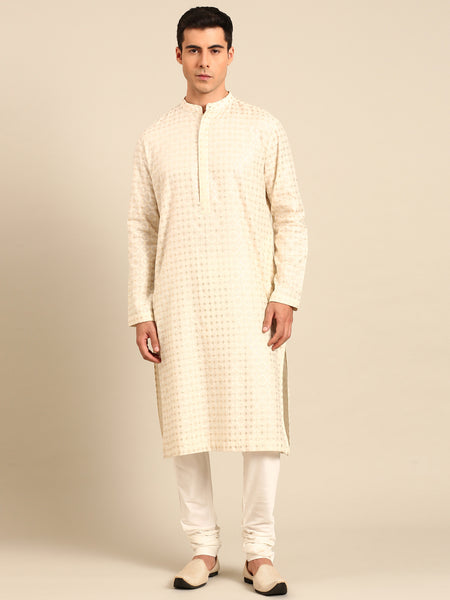 Ivory Chanderi Jaquard Kurta Set - MMK0640