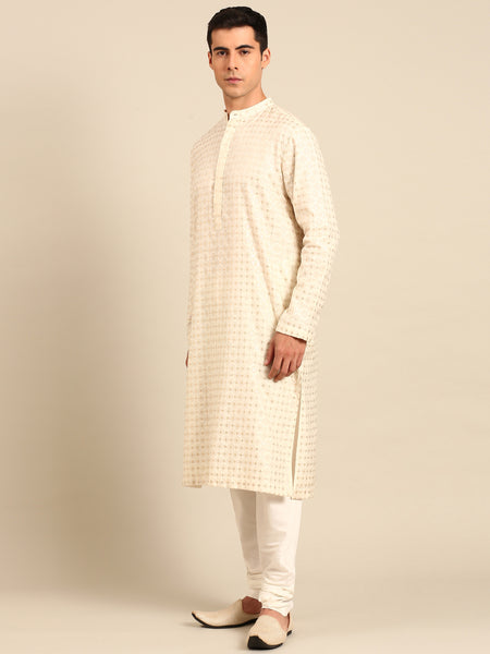 Ivory Chanderi Jaquard Kurta Set - MMK0640