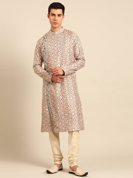 Beige Black 100% Silk Kurta Set - MMK0641