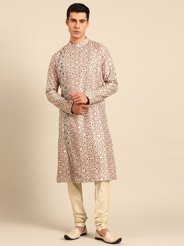 Beige Black 100% Silk Kurta Set - MMK0641