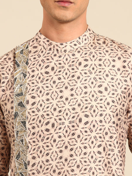 Beige Black 100% Silk Kurta Set - MMK0641