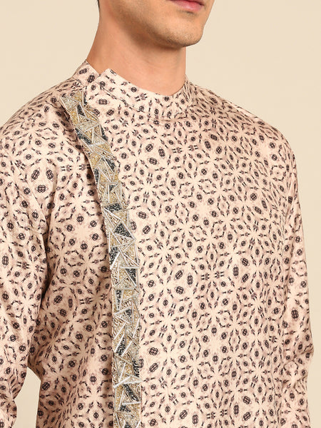 Beige Black 100% Silk Kurta Set - MMK0641