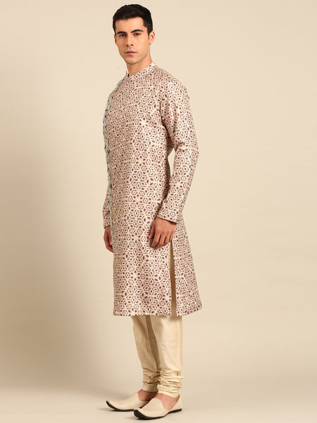 Beige Black 100% Silk Kurta Set - MMK0641