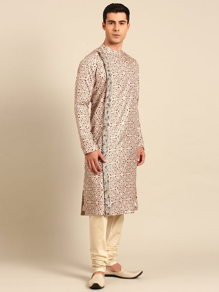 Beige Black 100% Silk Kurta Set - MMK0641