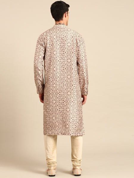 Beige Black 100% Silk Kurta Set - MMK0641