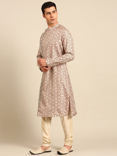 Beige Black 100% Silk Kurta Set - MMK0641