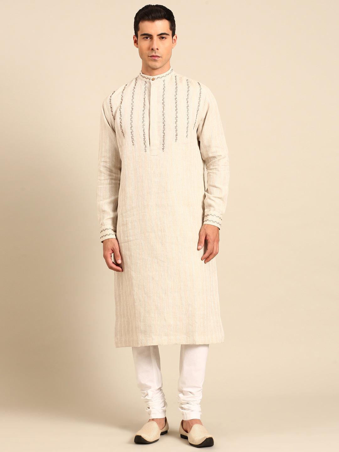 Beige Linen Jacquard Kurta set - MMK0642