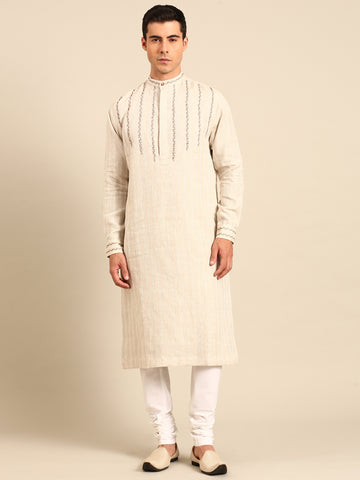Beige Linen Jacquard Kurta set - MMK0642