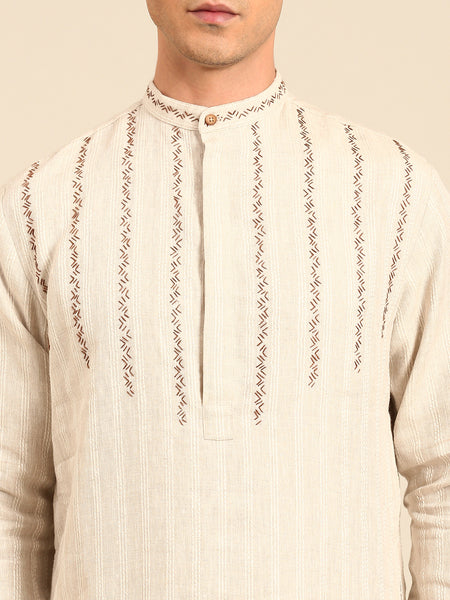 Beige Linen Jacquard Kurta set - MMK0642