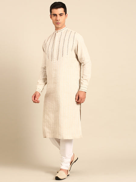 Beige Linen Jacquard Kurta set - MMK0642