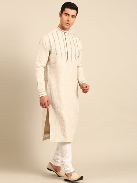 Beige Linen Jacquard Kurta set - MMK0642