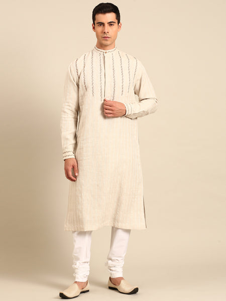Beige Linen Jacquard Kurta set - MMK0642