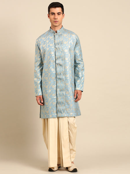 Blue Gold Silk Banaras Kurta Set - MMK0643