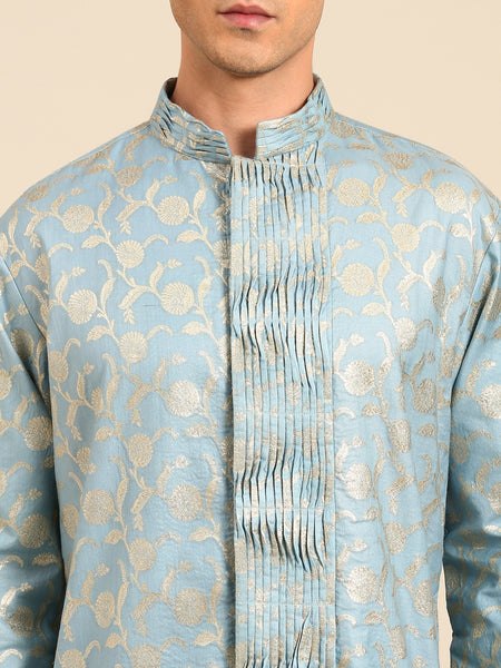 Blue Gold Silk Banaras Kurta Set - MMK0643