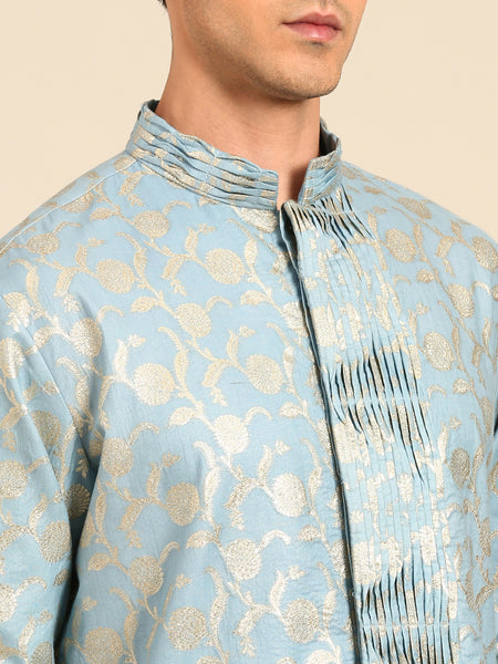 Blue Gold Silk Banaras Kurta Set - MMK0643