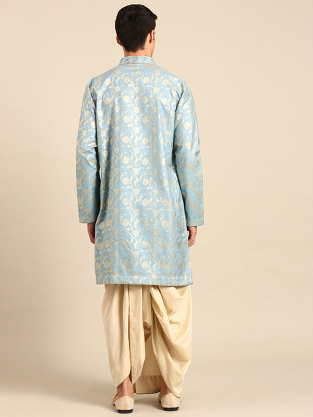 Blue Gold Silk Banaras Kurta Set - MMK0643