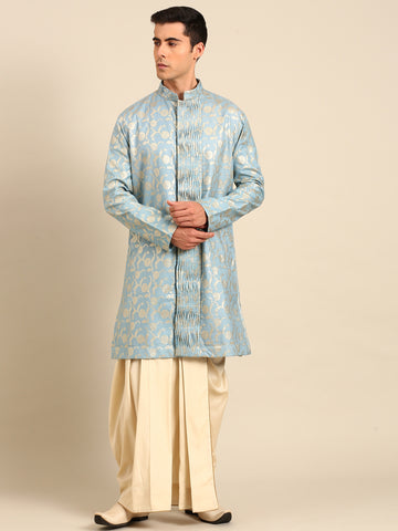 Blue Gold Silk Banaras Kurta Set - MMK0643