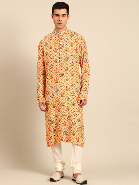 Light Yellow Printed Muslin Kurta Set - MMK0646
