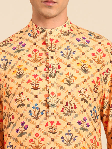 Light Yellow Printed Muslin Kurta Set - MMK0646