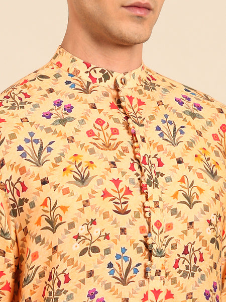 Light Yellow Printed Muslin Kurta Set - MMK0646