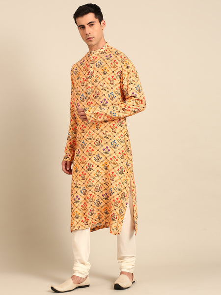 Light Yellow Printed Muslin Kurta Set - MMK0646