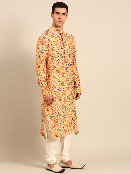 Light Yellow Printed Muslin Kurta Set - MMK0646