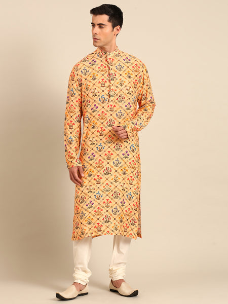 Light Yellow Printed Muslin Kurta Set - MMK0646