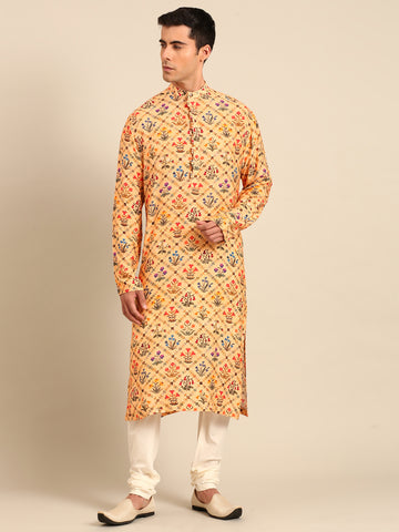 Light Yellow Printed Muslin Kurta Set - MMK0646