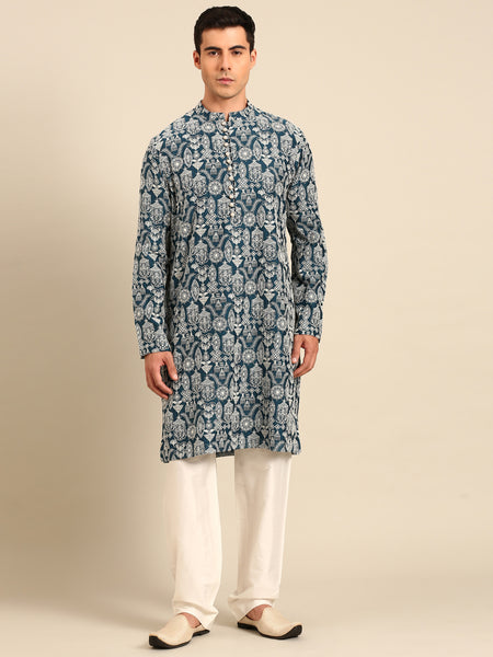 Blue White Chanderi Kurta Set - MMK0649